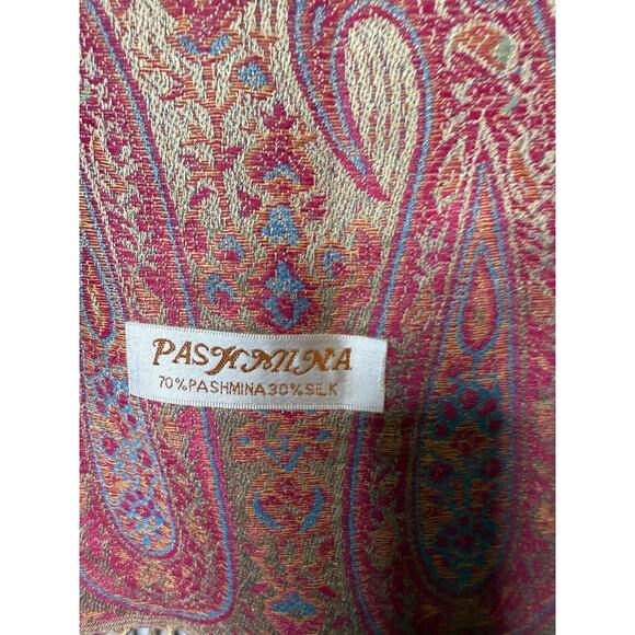 Pashmina Silk blend shawl scarf. Tan and Pink motif - Picture 3 of 7